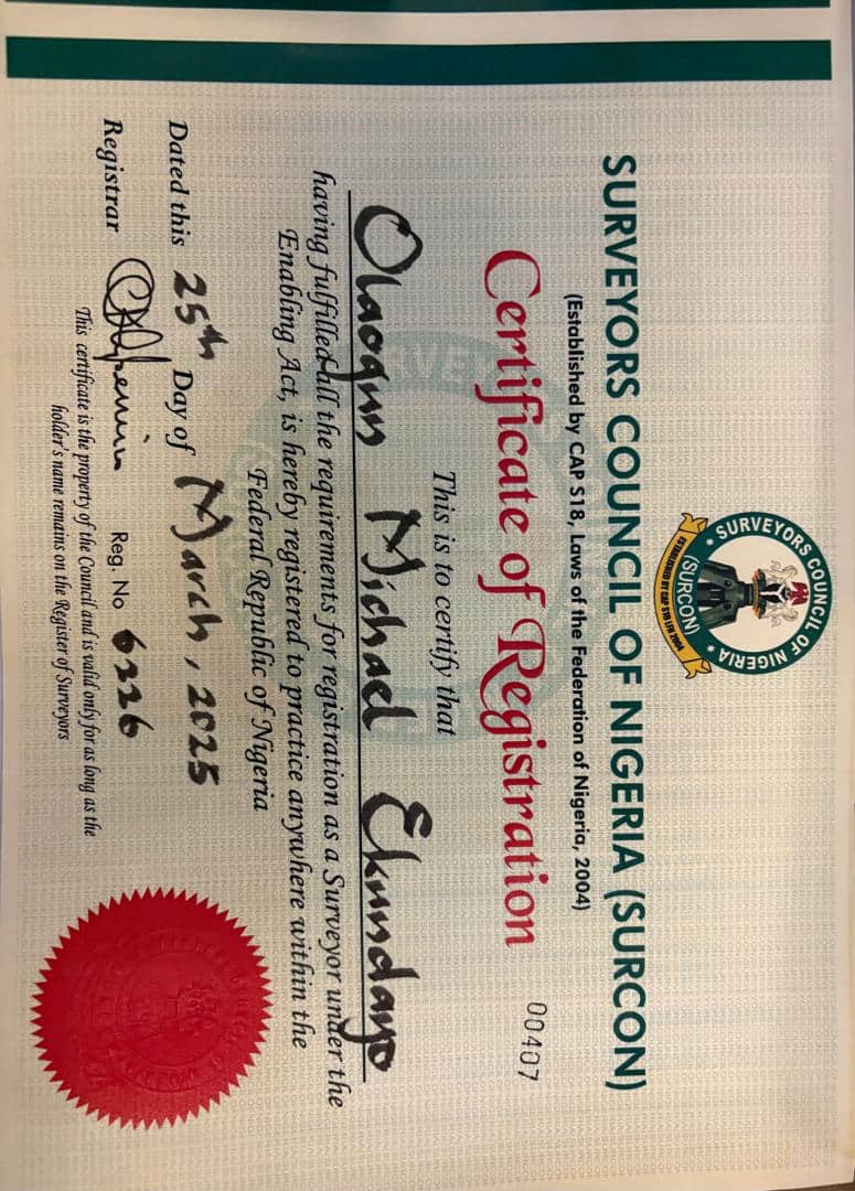 SURCON License 6226 — Micheal Olaogun — OME Land Surveyor